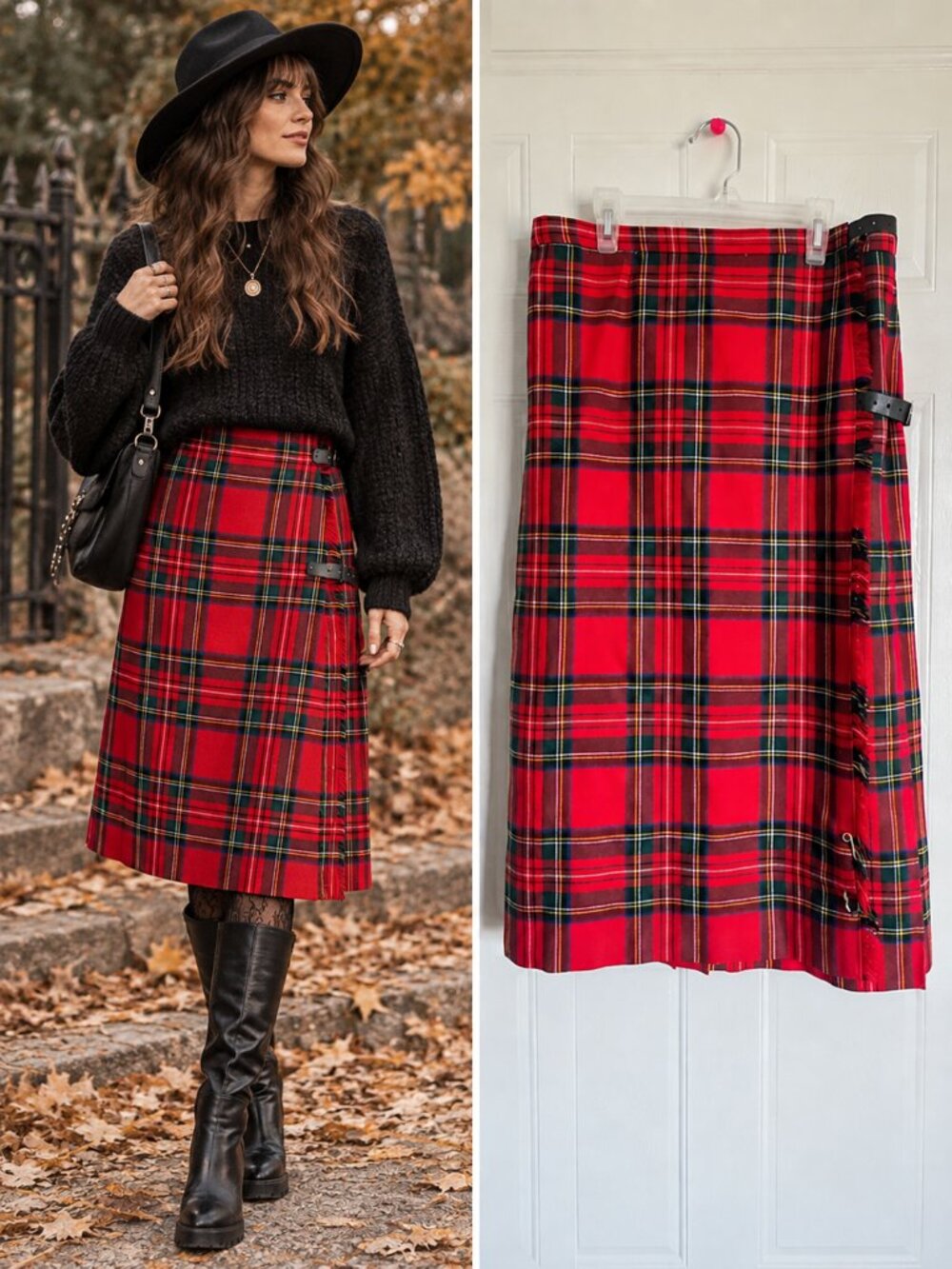 Scottish Vintage Pure New Wool Wrap Kilt Skirt Red Royal Stewart Tartan Midi